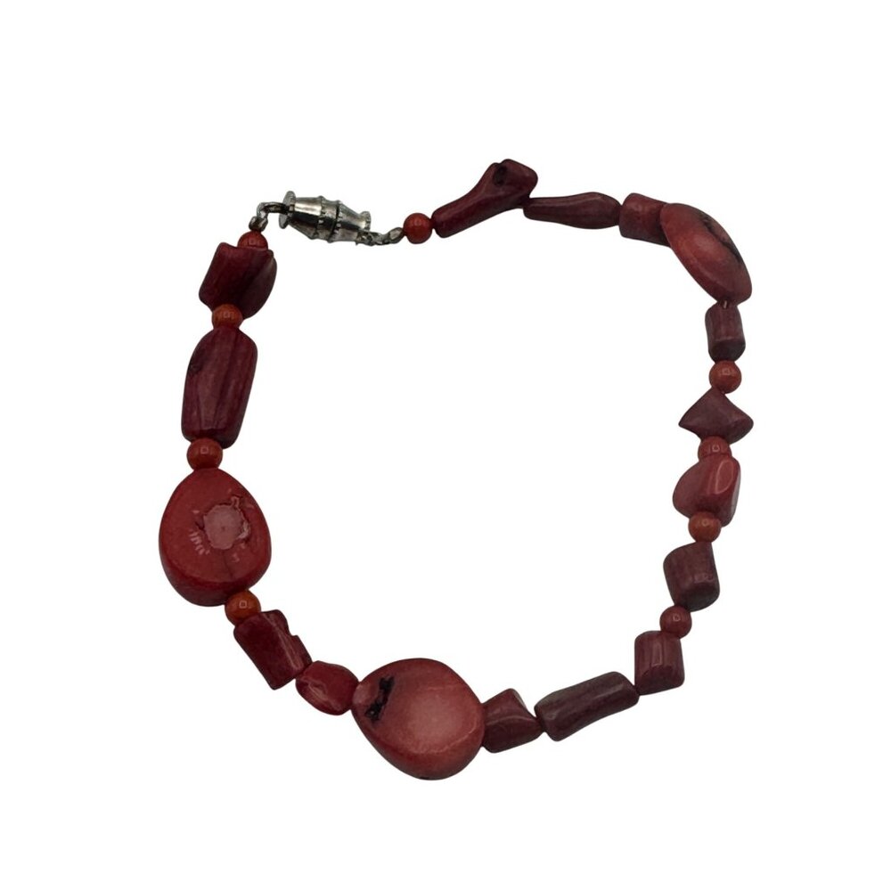 Vintage Handcrafted Red Coral Beaded Bracelet Barrel Clasp Christmas Valentines